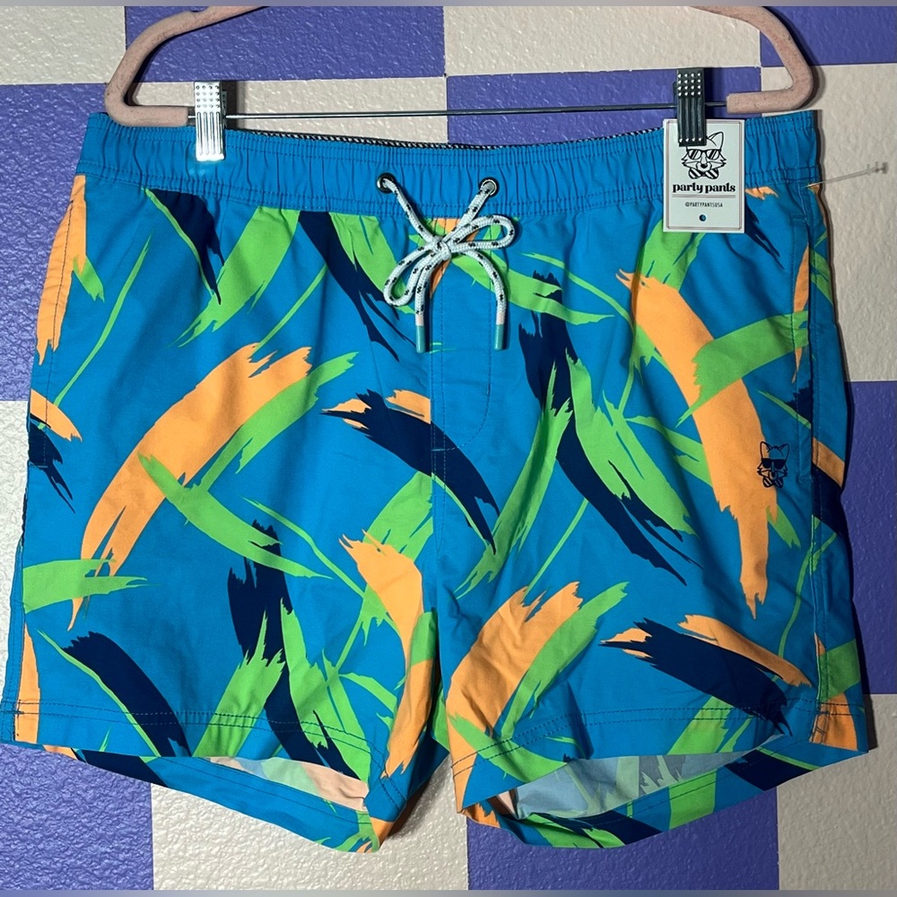 NWT Party Pants Neon Blue Stroker Swim Trunks Retro Print - Size XL